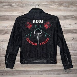 Deus Ex Machina Denim Jacket Womens Size 8 Black Emboridered Scorpion Moto Biker